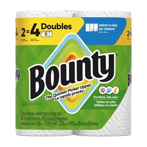 A package of four Bounty paper towels in a double-size pack, featuring a green and yellow label with the prominent Bounty logo.