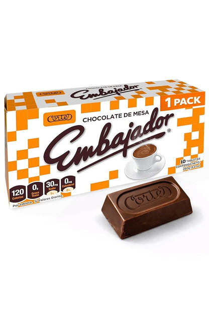 Embajador chocolate packaging with a single bar on a white background