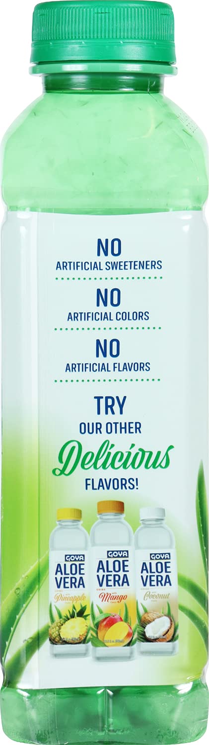 A bottle of ConAgra Aloe Vera juice with a green cap and a white label featuring green text and illustrations of aloe leaves.
