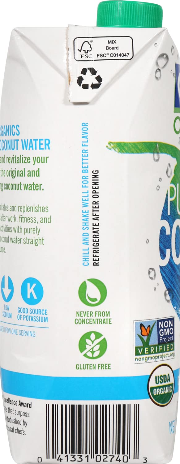 Box of Pure Coconuts coconut water with various labels and icons on a white background