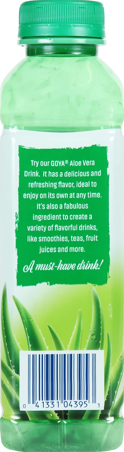 Back of a green plastic bottle of Aloe Vera drink with a green cap, featuring a green text panel with promotional copy and a barcode near the bottom.