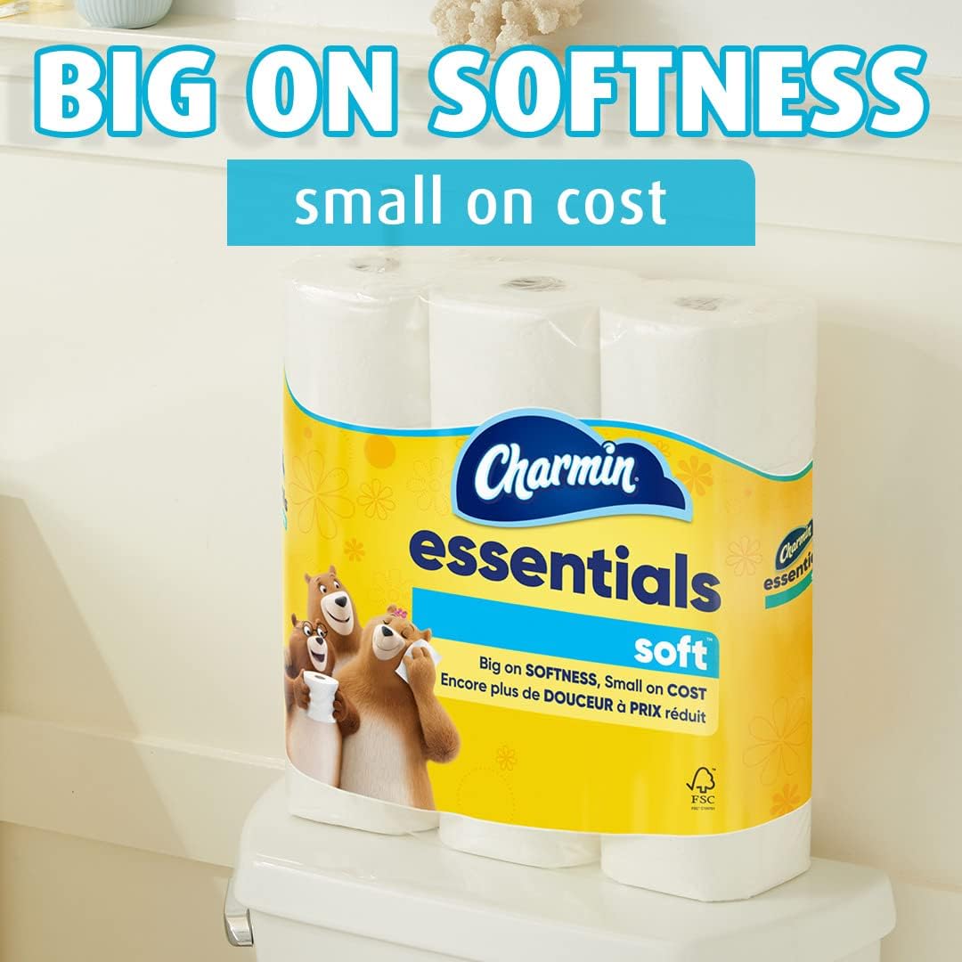 Charmin essentials soft toilet paper on a toilet with text 'Big on softness, small on cost' in a bathroom setting.