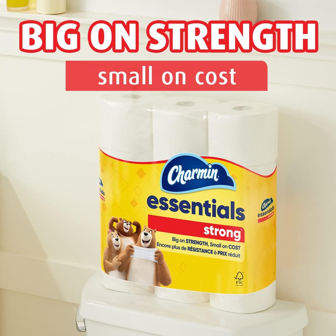Charmin essentials strong toilet paper package with promotional text on a bathroom background