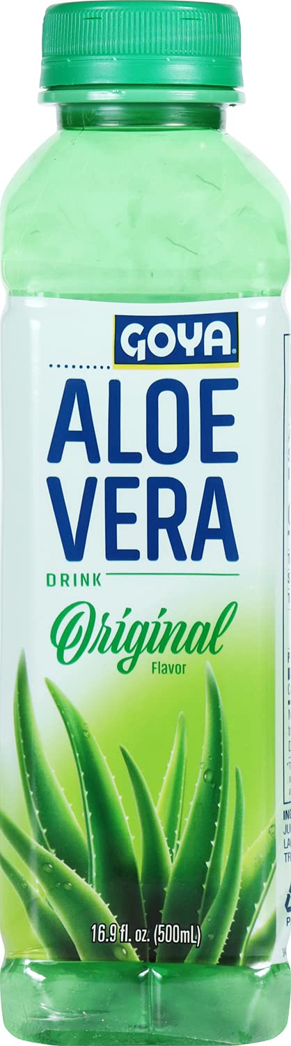 A bottle of Goya Aloe Vera drink, showing the green cap, white label with blue text, and aloe vera graphics on a white background.