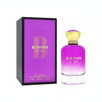 Blossom 109 Olet Eau de Parfum bottle and its packaging box, both featuring a vibrant purple gradient design with gold lettering, set against a light gray background.
