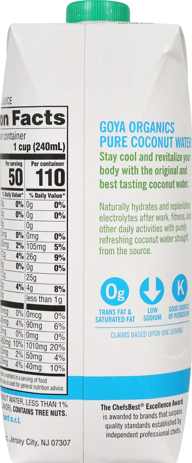 Goya Organics Pure Coconut Water carton with nutritional information on a white background