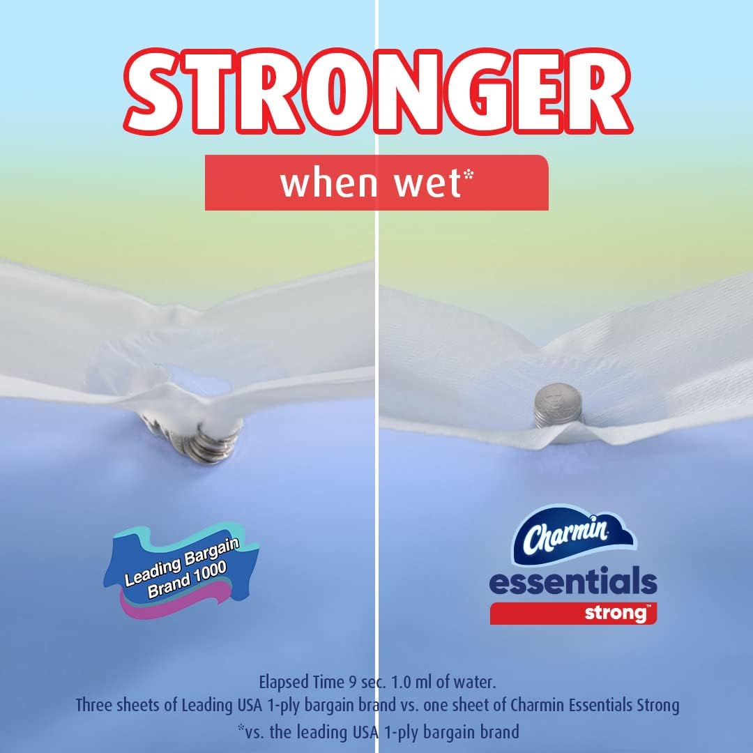 Comparison of Leading Bargain Brand 1000 and Charmin Essentials Strong toilet paper strength test.