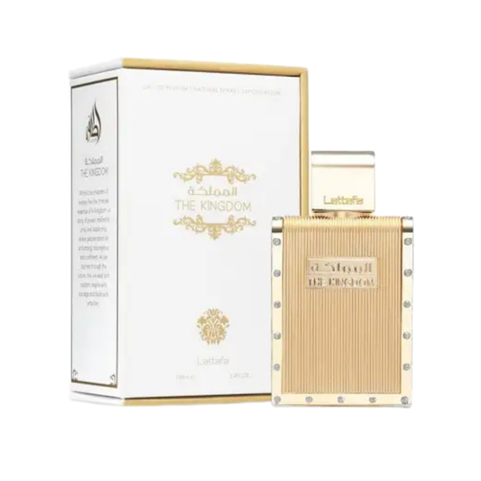 Perfume Lattafa The Kingdom Pour Homme botella dorada texturizada 100ml.