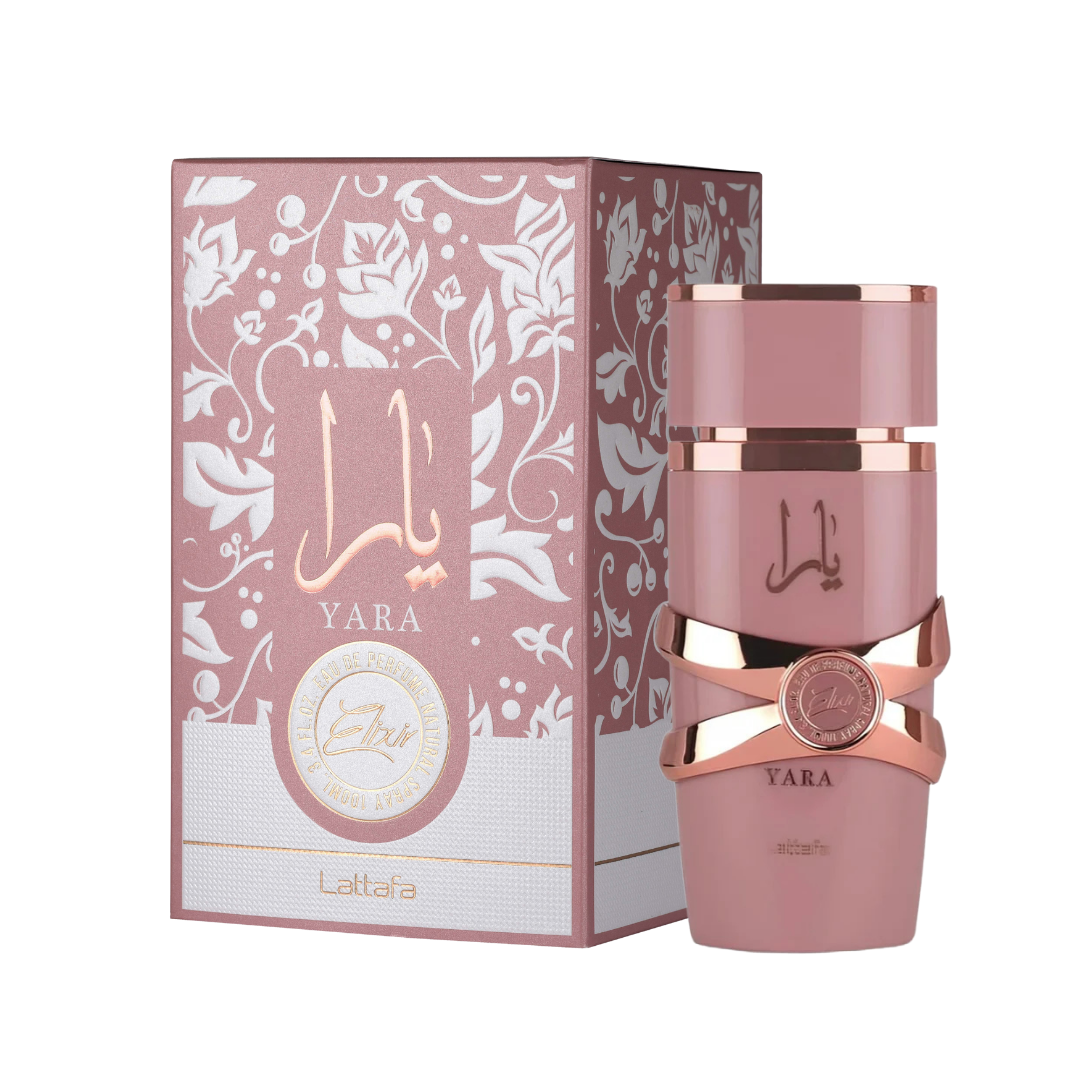 Perfume Lattafa Yara Elixir para mujer frasco rosa oscuro 100ml.