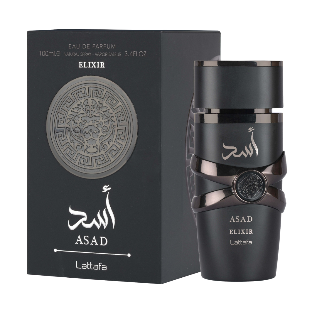 Perfume Lattafa Asad Elixir para hombre frasco negro con león 100ml.
