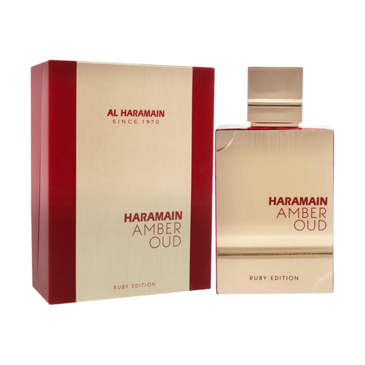 Perfume Al Haramain Amber Oud Ruby Edition en botella dorada y roja de 60ml.