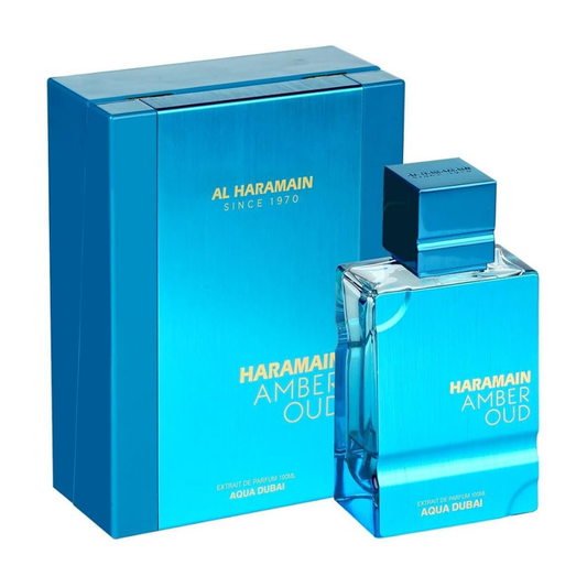 Fragancia Al Haramain Amber Oud Aqua Dubai en elegante frasco azul 2.0oz.
