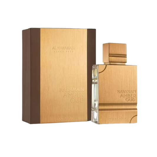 Perfume Al Haramain Amber Oud Gold Edition en botella dorada de 60ml.