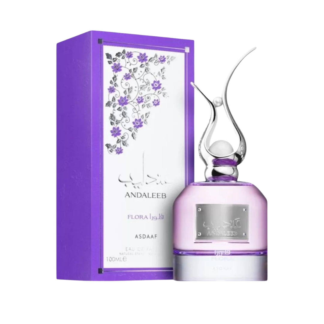 Fragancia Asdaaf Andaleeb Flora para mujer en frasco morado decorado 100ml.