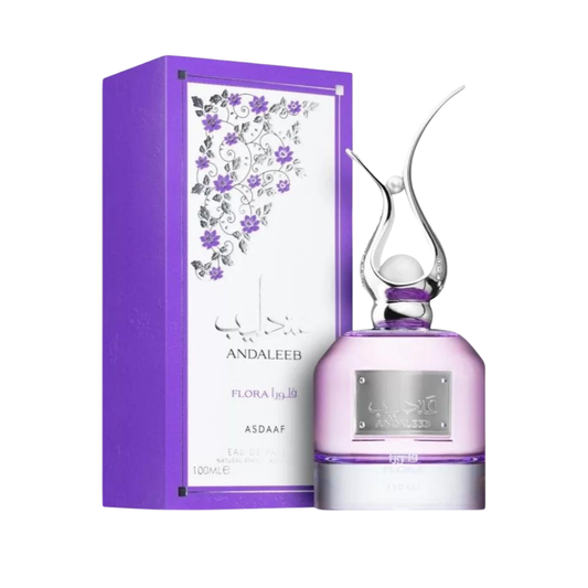 Fragancia Asdaaf Andaleeb Flora para mujer en frasco morado decorado 100ml.