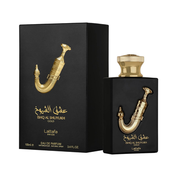 Perfume Lattafa Pride Ishq Al Shuyukh Gold Eau de Parfum 3.4oz botella negra y oro