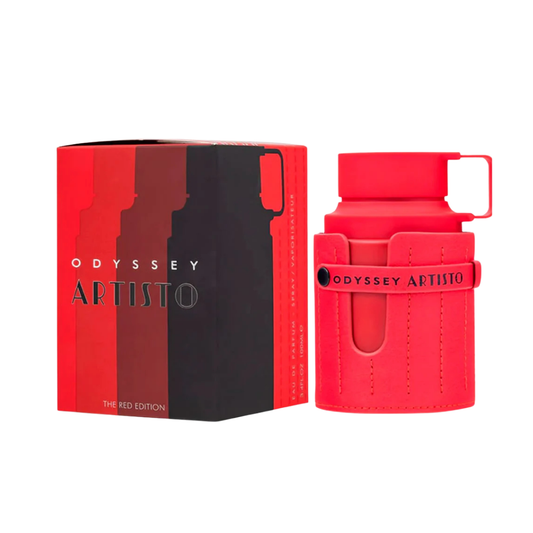 Perfume Armaf Odyssey Artisto Red Edition frasco rojo y cuero 100ml.