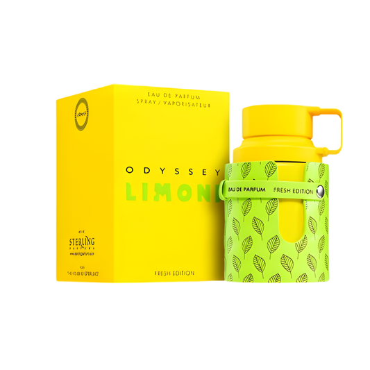 Perfume Armaf Odyssey Limoni Fresh Edition botella amarilla con funda verde 100ml.