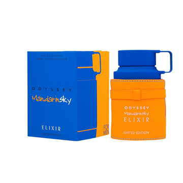 Perfume Armaf Odyssey Mandarin Sky Elixir botella azul con funda naranja 100ml.