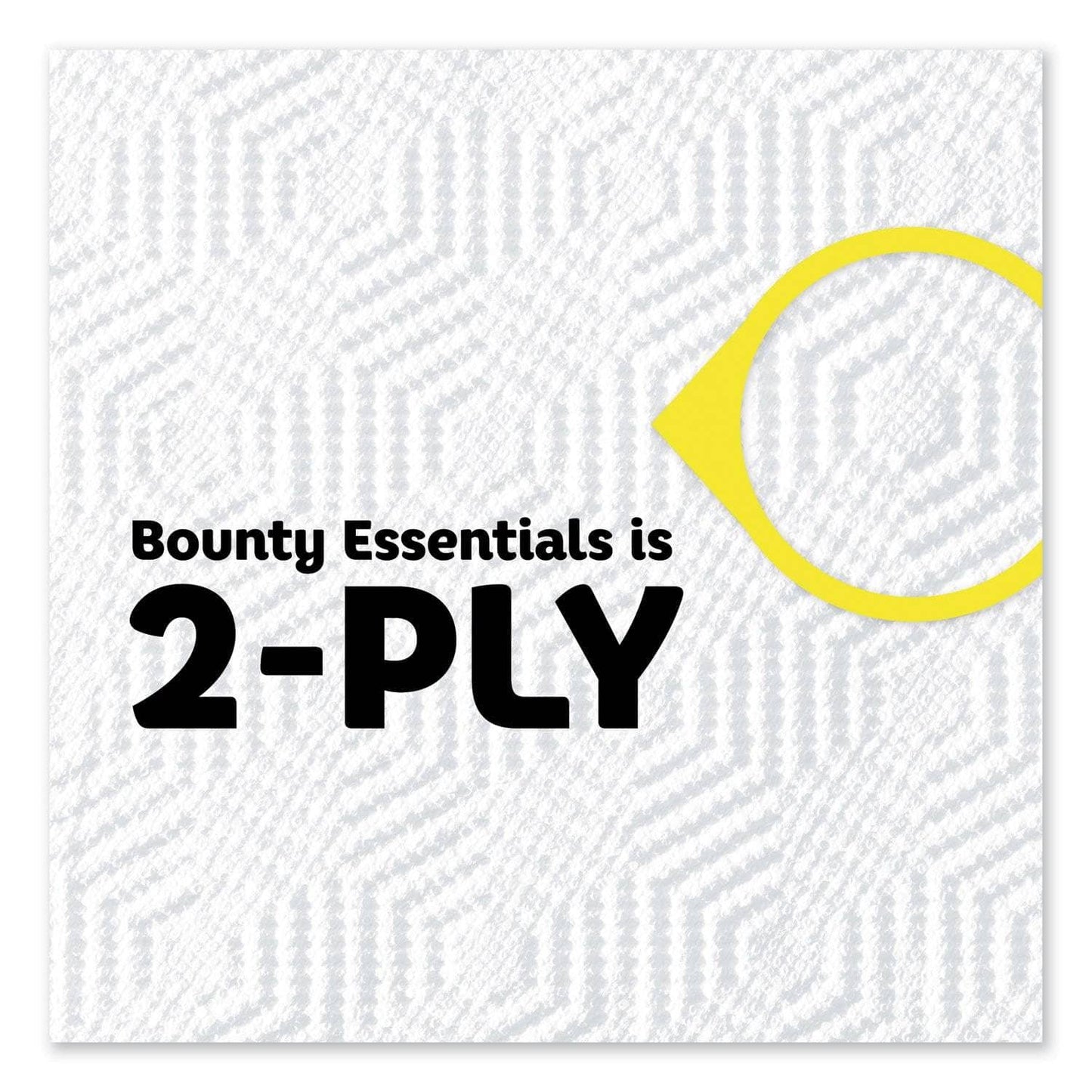 Bounty Essentials 2-ply text on a white background with a yellow circle.