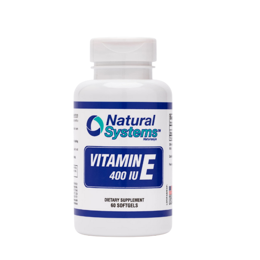 Suplemento Natural Systems Vitamina E 400 IU antioxidante 60 cápsulas blandas.