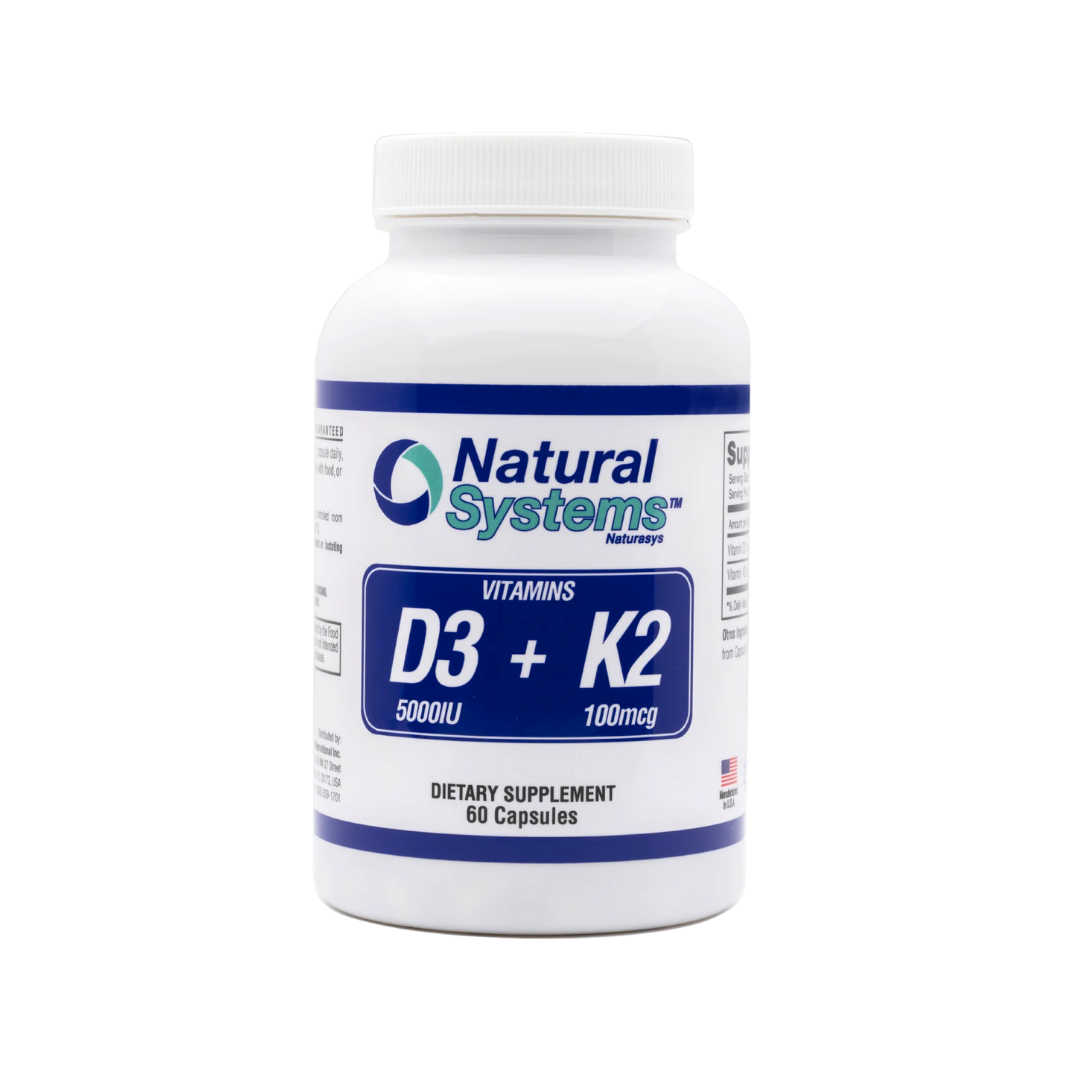 Suplemento Natural Systems Vitamin D3 + K2 5000 IU para huesos 60 cápsulas.
