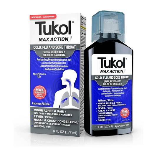 Jarabe Tukol Max Action para gripe, resfriado y dolor de garganta 6oz