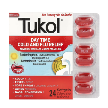 Tukol Day Time Cough & Flu Softgels alivio resfriado y tos 24 cápsulas