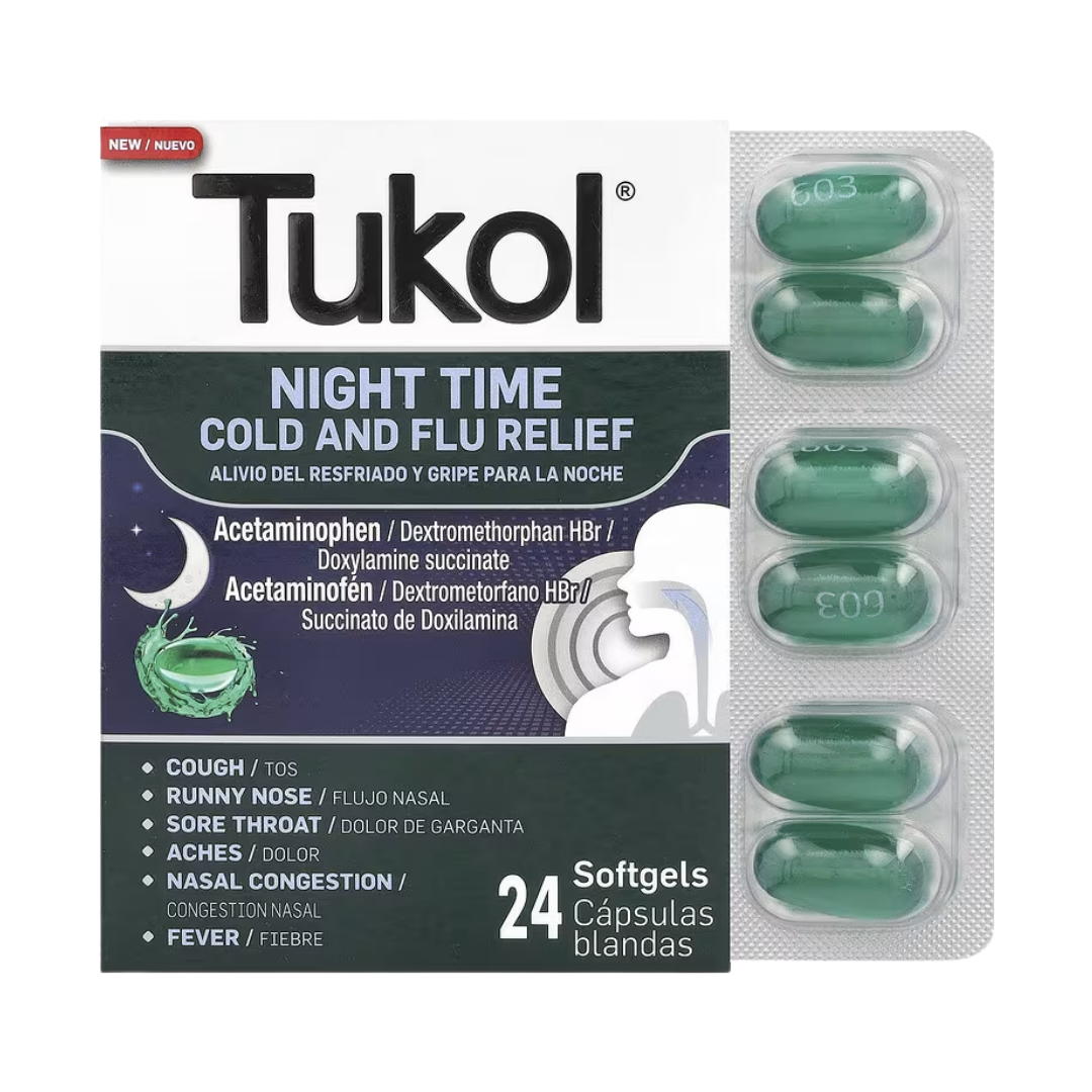 Tukol Nighttime Cough & Flu Softgels alivio nocturno de tos y gripe 24 cápsulas