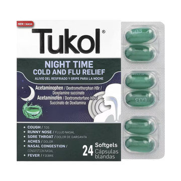 Tukol Nighttime Cough & Flu Softgels alivio nocturno de tos y gripe 24 cápsulas
