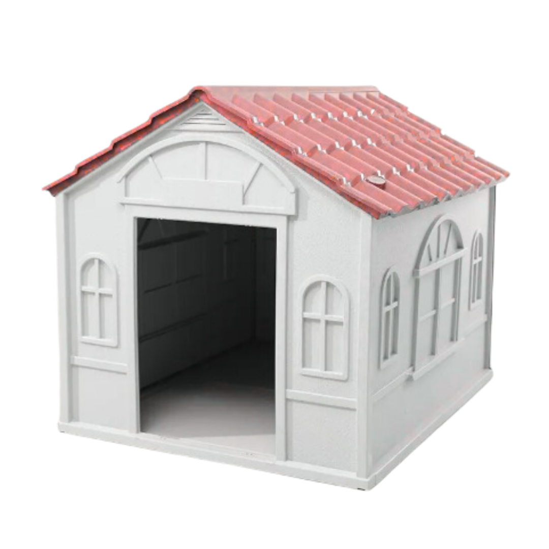 Casa de plástico para perro grande color gris con techo rojo de tejas