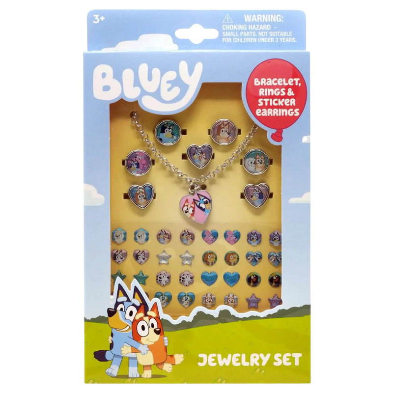 Bluey Kids Jewelry Set with Necklace, Rings & Sticker Earrings