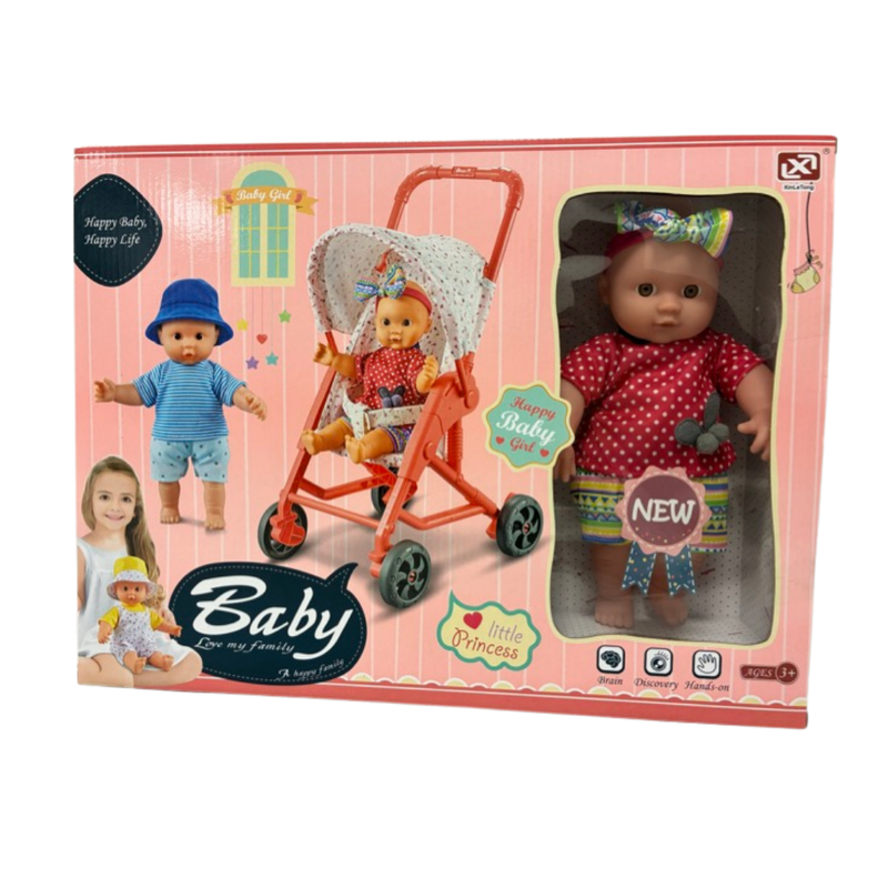 Happy Baby Doll with Stroller & Accessories Playset (Red)