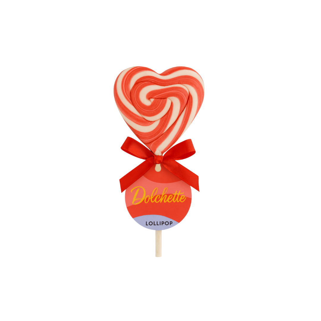 Paleta de caramelo Dolchette en forma de corazón con lazo rojo.