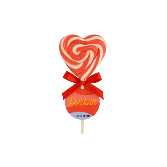 Paleta de caramelo Dolchette en forma de corazón con lazo rojo.