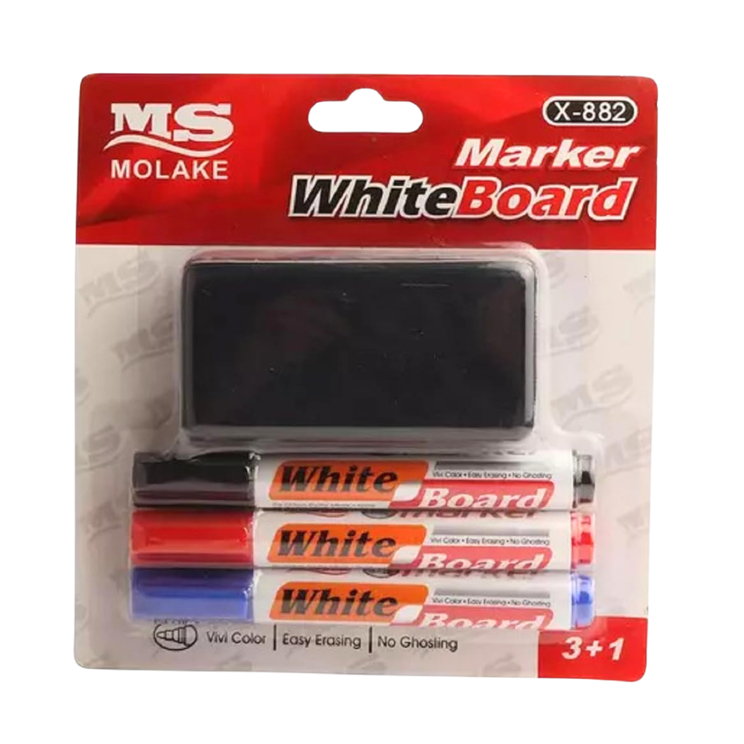 Set de 3 marcadores para pizarra blanca y un borrador marca Molake X-882.
