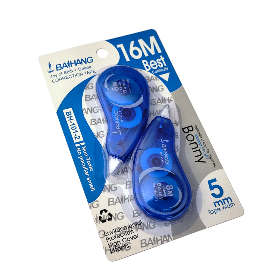 Paquete de 2 cintas correctoras Baihang Bonny de 5mm color azul.