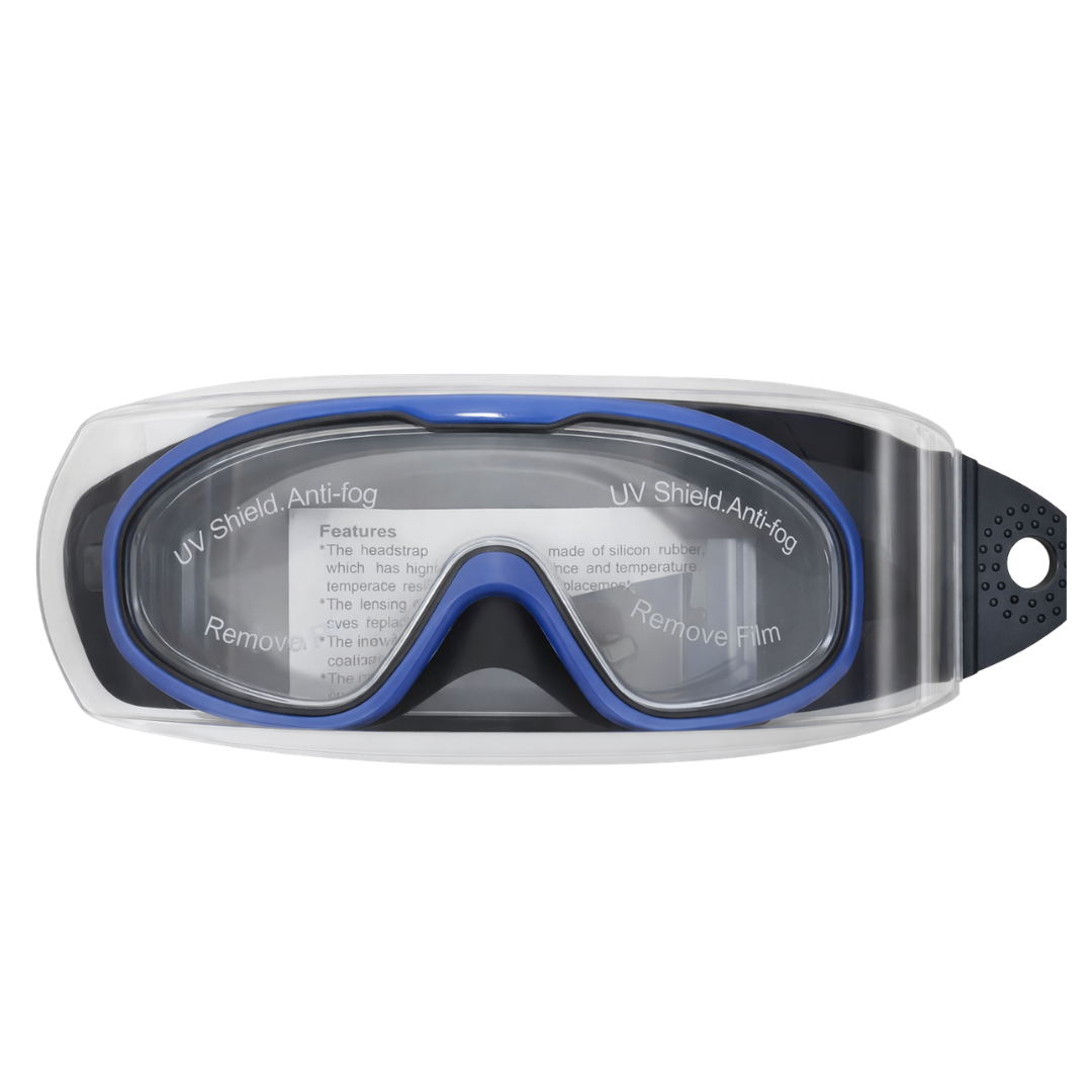 Gafas de natación azules con protección UV y sello de silicona