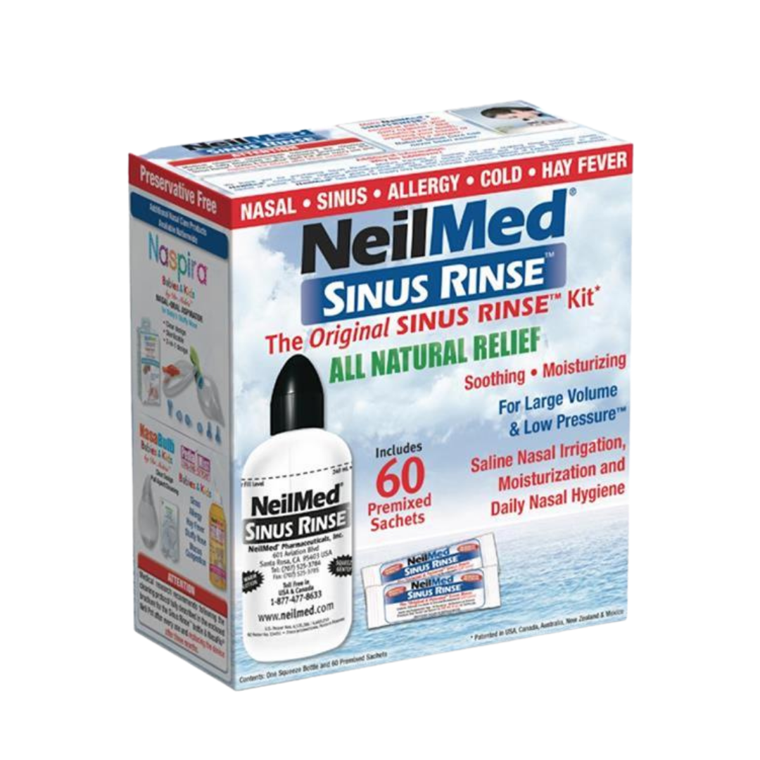 Kit de irrigación nasal NeilMed Sinus Rinse con botella y 60 sobres.