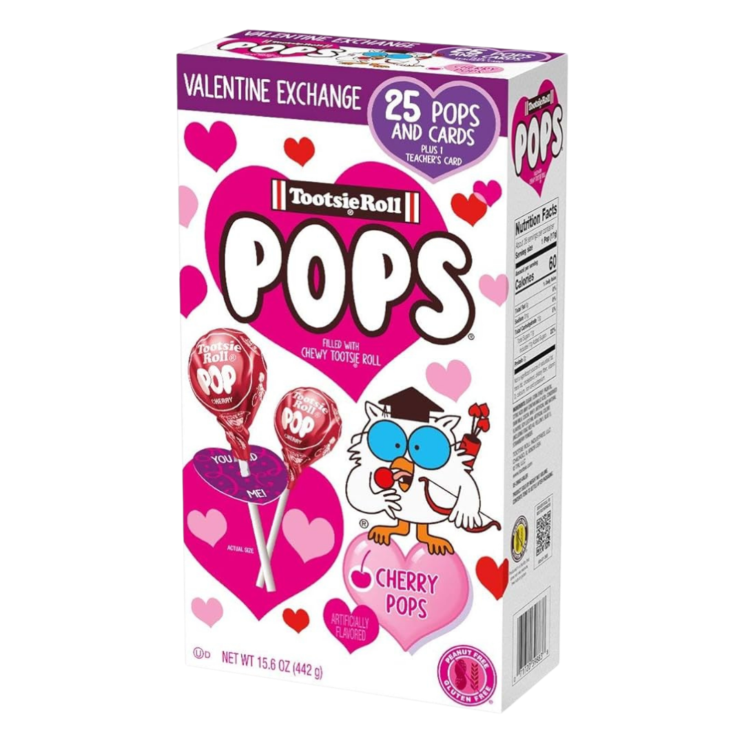Caja de intercambio Tootsie Pop Valentine con 25 paletas y tarjetas.
