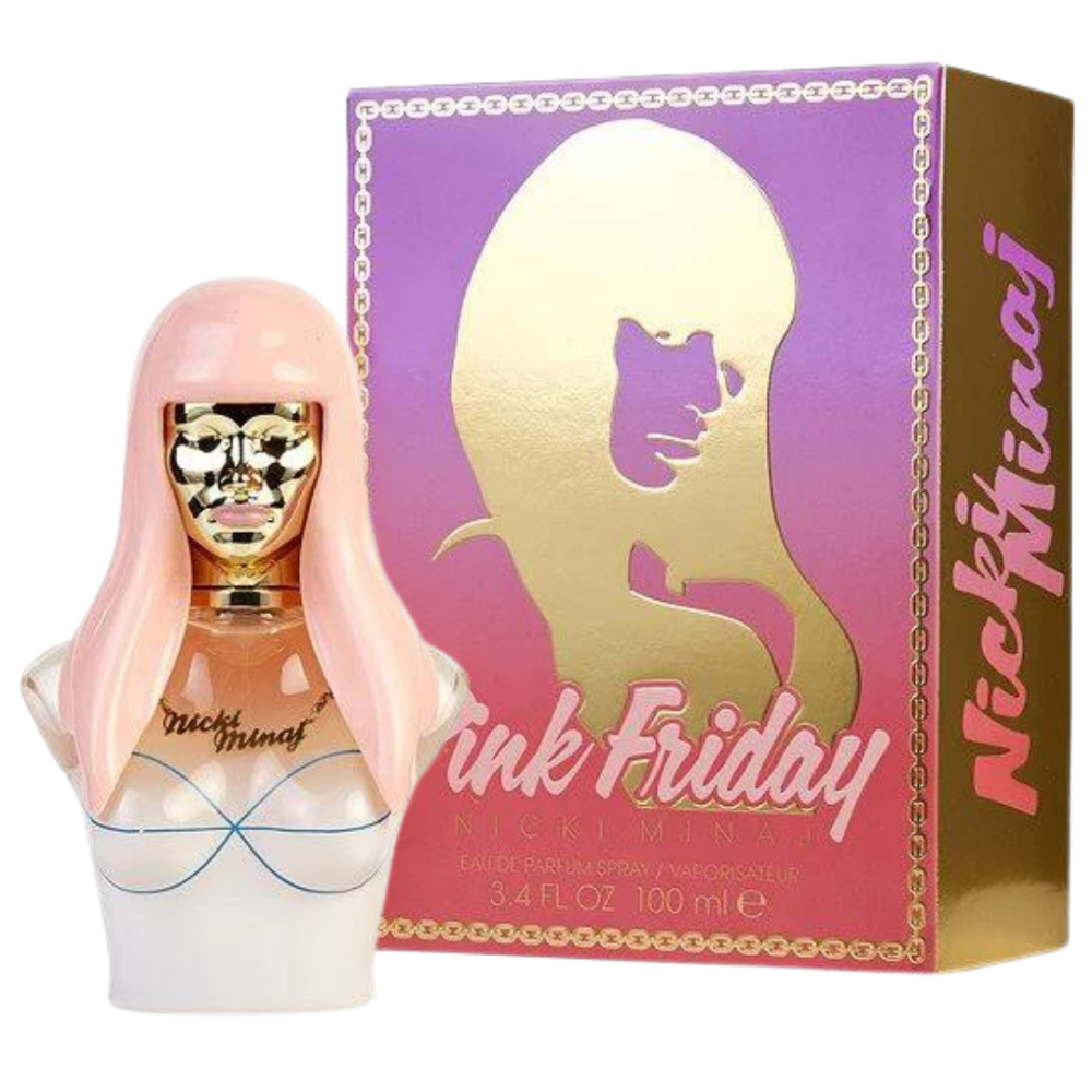 A bottle of Nicki Minaj Pink Friday Eau de Parfum with a purple and gold box in the background. The bottle is in front of the box, showcasing the perfume label.