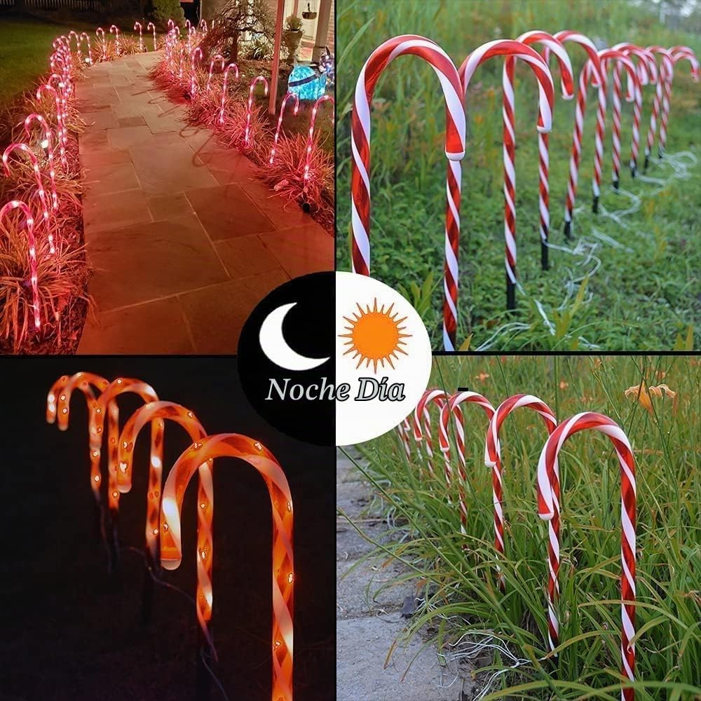 A collage showing illuminated candy cane garden lights in use outdoors: a pathway at night, a grassy area daytime, and a dark nighttime view. A central logo reads 'Noche Dia'.