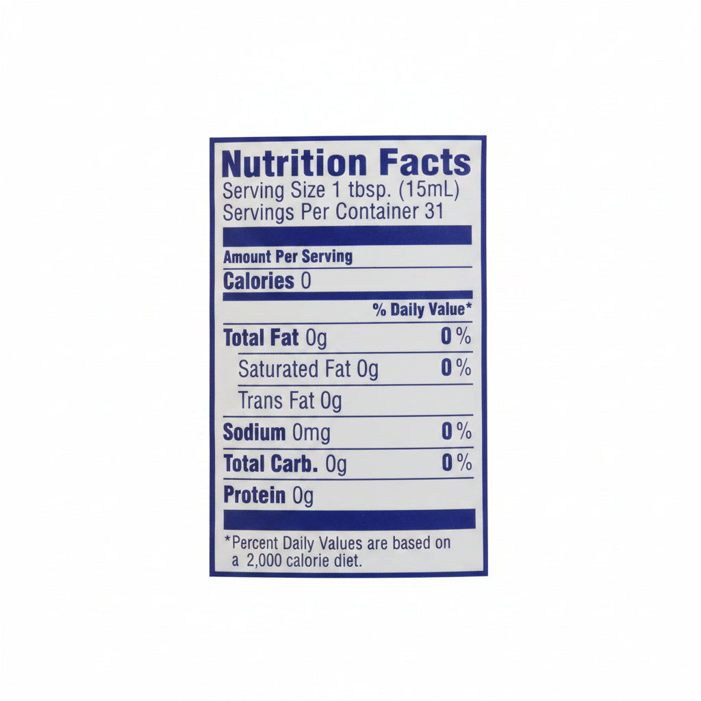 A Nutrition Facts label showing a serving size of 1 tbsp. (15mL) with 0 calories, 0g total fat, 0g saturated fat, 0g trans fat, 0mg sodium, and 0g total carbs per serving, on a white background with blue text and bars.