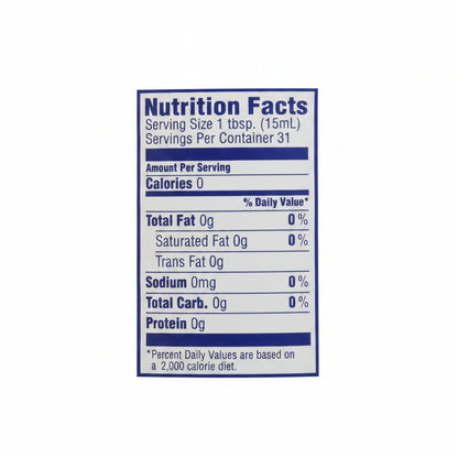 A Nutrition Facts label showing a serving size of 1 tbsp. (15mL) with 0 calories, 0g total fat, 0g saturated fat, 0g trans fat, 0mg sodium, and 0g total carbs per serving, on a white background with blue text and bars.