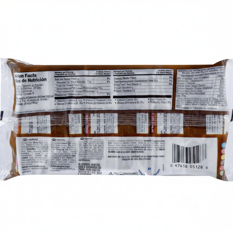 Close-up of a food package with nutritional information and bar code on a brown background