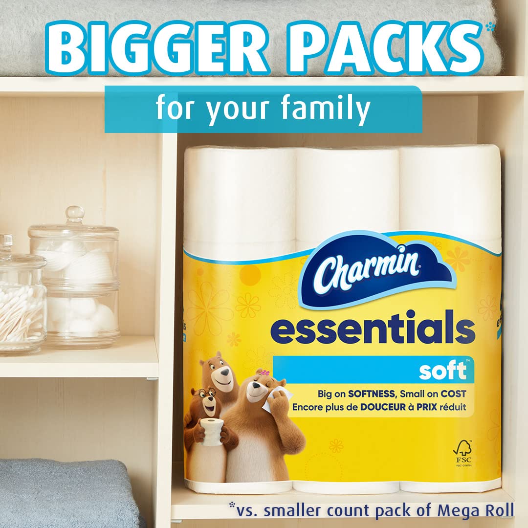 Charmin essentials soft toilet paper with cartoon bears on a shelf