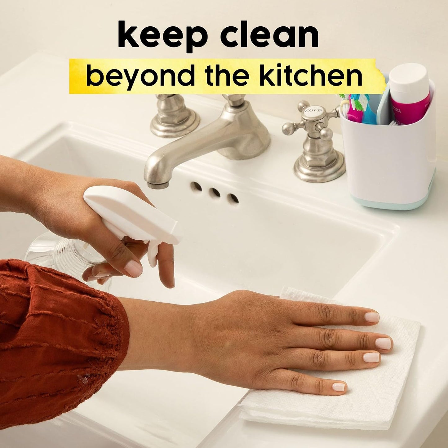 Person cleaning a sink with text 'keep clean beyond the kitchen' above.