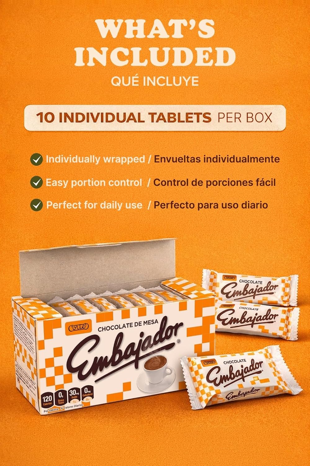A box of Embajador chocolate de mesa tablets with three individual wrapped tablets displayed in front on an orange background, with text listing included items and features.