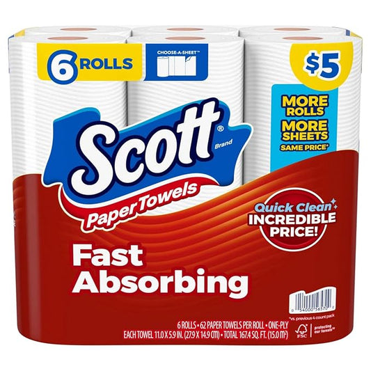 Scott Choose-A-Sheet Paper Towels, 62 Sheets Per Roll, White, Carton Of 6 Rolls
