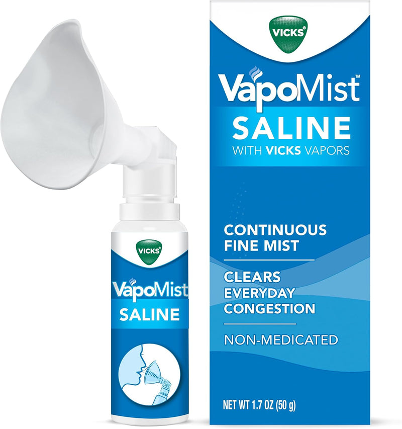 Vicks VapoMist Saline, suave Bruma Salina con reconfortantes Vapores Vicks, sin medicamentos, 1.7 oz